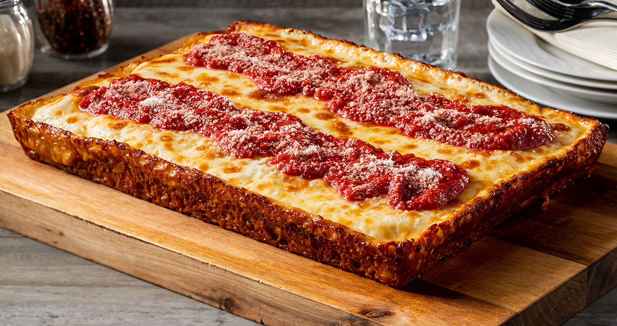 thick rectangular Detroit style pizza crust